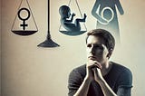 A man considering abortion issues represented by a scale with symbol for woman and a picture of a baby.