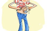 Cartoon image of a man in red striped shirt and blue pants looking at his linty giant belly button