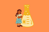 A person of color is standing beside a large erlenmeyer flask. They are content and happy.