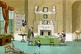 Painting of 18th-century children in a home school room