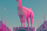A llama stands atop GPU stacks, overseeing a tech environment, blending whimsy with modern computing in a surreal depiction.