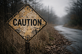 Weathered yellow caution sign with cracked, peeling paint beside an overgrown road.