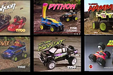 A collage of Tyco R/C (Tyco RC) advertisement images from the 1980s and 1990s showing Tyco Typhoon, Python, Hammer, Bandit, FirePower, and Rebound.