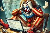 A picture of a sad clown holding his head in front of his computer
