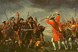 A mass of kilted Highlanders charge a line of redcoats. The redcoats stand firm with bayonets at the ready.