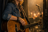 A female, middle-aged folksinger with her guitar waits in the wings just before going onstage.