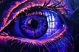 close-up of an eye painted in purple, orange, and blue hues