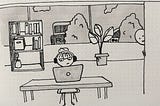 A drawing of a character working on a laptop while another character observes them by peeking around a corner.