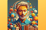 Stylized art image of bearded man surrounded by spheres, pencils, paper, and house models.