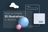 3D illustration of some UI elements, two spheres and a cloud hovering over dark background