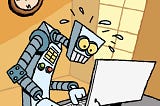 An artificially intelligent robot works hard and frantically at a desktop computer in an office.