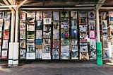 Columns of peoples’ artworks, hung in Headingley Stadium