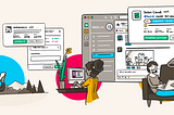 Illustration showing teammates in multiple different locations collaborating on deals through Slack. They use quotes, approvals, and celebrate when they close the deal.