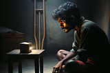 A young Tamil man sitting on the floor, staring intently at a box on a small table before him. There is a single crutch leaning against the wall next to him.