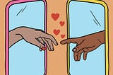 Illustration of two phones. A hand is coming out of each phone reaching for the other hand. There are hearts floating above their fingers.