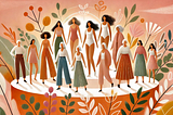 A group of women on a pedastal with leaves and flowers