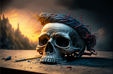 A skull with a wreath on its head sits on a dirty table, a barren land in the background
