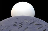 Giant sun rising above the horizon of a gray planet.