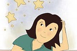 Cartoon girl looking up at the stars with a dreamy look.