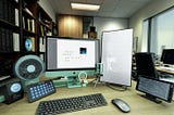 Futuristic workspace with three curved monitors — ChatGPT chat, live code editor, and MidJourney gallery — surrounded by floating icons of Tilda, Firebase, ElevenLabs, n8n, visually representing the AI toolkit from ‘Essential AI Tools I Personally Use