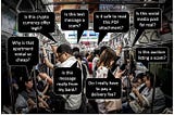 Image of people on a crowded train being exposed to potential criminal activity by going online. Crime Online © 2023 by Stephen Cobb, licensed under CC BY-SA 4.0.  Created by Stephen Cobb using a photo shared by Hugh Han @unsplash.