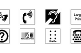A grid of disability access symbols — access to low vision, sign language, access for hearing loss, accessible print, etc.