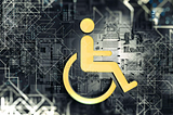 A light orange image of a person in a wheelchair logo on top of a black and gray background filled with geometric shapes and lines like the inside of a computer.