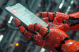 Robotic hands hold a phone and navigate the Internet.