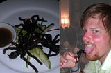 A plate of tarantulas and the author eating one of them.