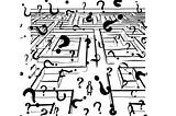 Figure stands in maze surrounded by question marks.