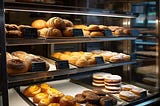 Cartoon of an Italian bakery counter, glass front, inclined shelves with trays of Italian bakery items. One tray Is empty.