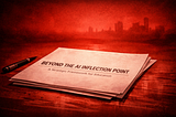 AI-generated illustration of a non-descript report titled Beyond the AI Inflection Point resting on a surface, rendered in deep red tones. The document appears overheated and unstable, with steam rising from it, no people present, and no identifying environment, conveying pressure, urgency, and critique rather than authority.