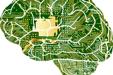 An outline of a human brain patterned to look like the motherboard of a computer.