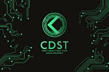 Green CDST main logo in a form of a digitalized rune of Kauna on a black background with digital board tracks on sides.