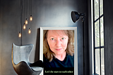 Collage features a self portrait of novelist, Laurie Perez in a scene that invites conversation with a large, modern chair, bright floor-to-ceiling window and minimalist Edison bulb lighting. The author’s words are printed in sage green text below her image, encouraging the viewer: “Let’s be stars to each other.”