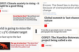 Screenshots of negative climate headlines like “Global summit is “last chance” for nature”