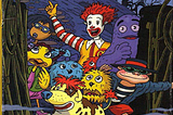 Ronald McDonald, and friends pose in front of a haunted house.