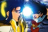 Seiya dando socão no Saga no filme do Abel.