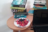 Laptop, books and fruit. Photo: Clare O’Beara.
