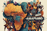 The image is generated by the Google AI tool, nano banana. It contains a map of Africa with the words Afrobeats written on a highlighted section of West Africa. The words Amapiano is written outside of the map and there are cartoon-like images of Africans holding instruments such as drums and pianos while celebrating to the tune of music.
