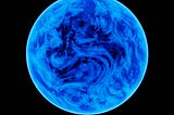 A swirling blue planet