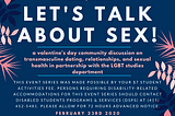 a blue, pink and white event poster with a floral border, with Let’s Talk About Sex! written in large capital letters, with the rest of the event details listed below in smaller pink and light blue text.