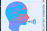 profile of a figure speaking on a blue and pink background