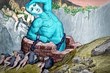 A titan, chained and sunk to the waist in a stone-lined pit. He has the head of Mark Zuckerberg’s Metaverse avatar. A group of Sisyphean men roll boulders towards him, up a skeleton-strewn hillside. Behind him, atop a high cliff, writhe many naked figures entwined with choking serpents.
