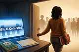 A Black woman carrying a Toni Morrison book walks through a lit doorway, leaving behind a dark desk where a laptop screen falsely flags her writing as “86% AI-Generated” next to her physical family items.