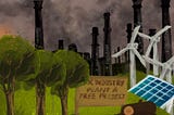 An illustration of wind turbines, solar panels, wood, trees with factories in the background. There is also a sign that says “X Industry Plant a Tree Project.”