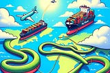 A cartoon of a python snake on a world map with illustrations of cargo planes and container ships.