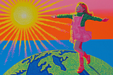 Illustration of a young girl with open arms, walking on a globe in sunrise. AI image created on MidJourney V6 using the Model Personalization feature, by the author Henrique Centieiro and Bee Lee
