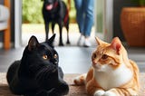 AI created image of two cats looking at each other as though they are having a discussion, in the background a lady is getting the dog ready for a walk,