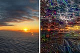 Left image, picture of sun setting between clouds. Right image, result of deep dreamming applied to the left image.